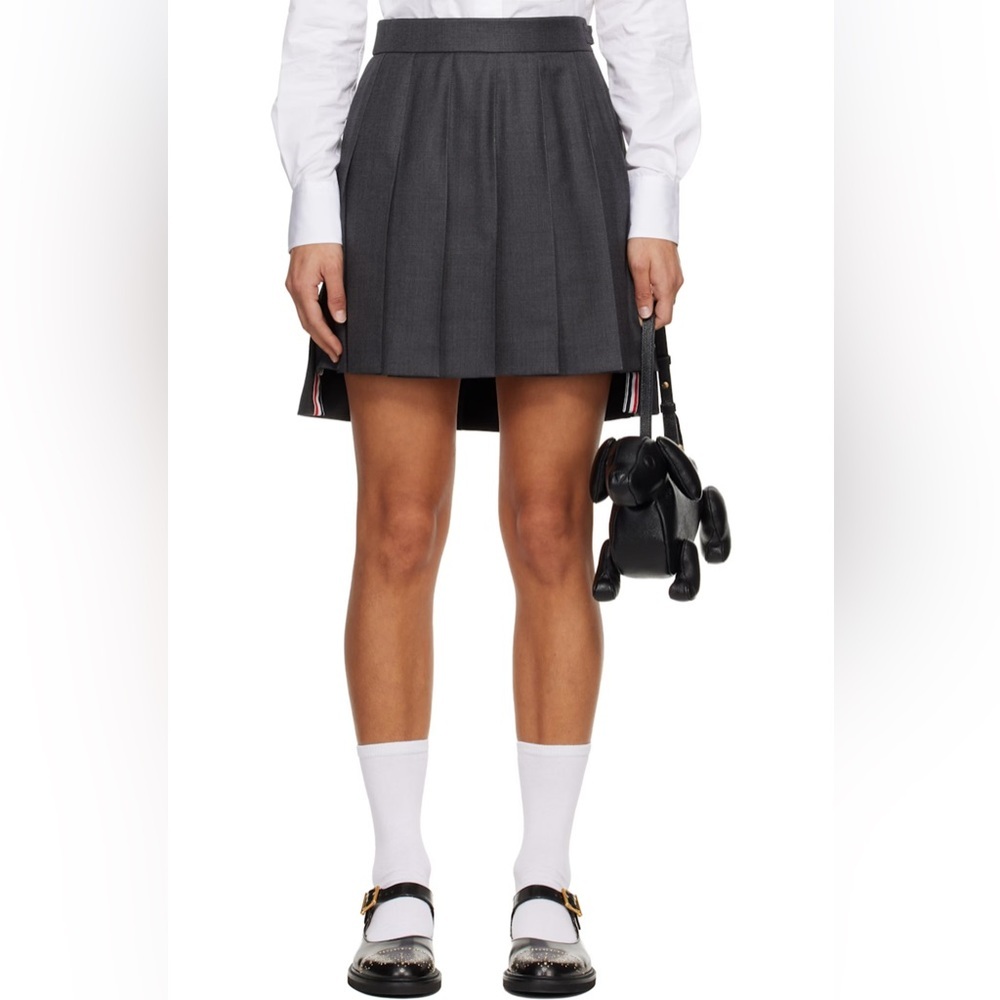 Thom Browne Grey Twill Wool Pleated Mini Skirt Tricolor Grosgrain 40